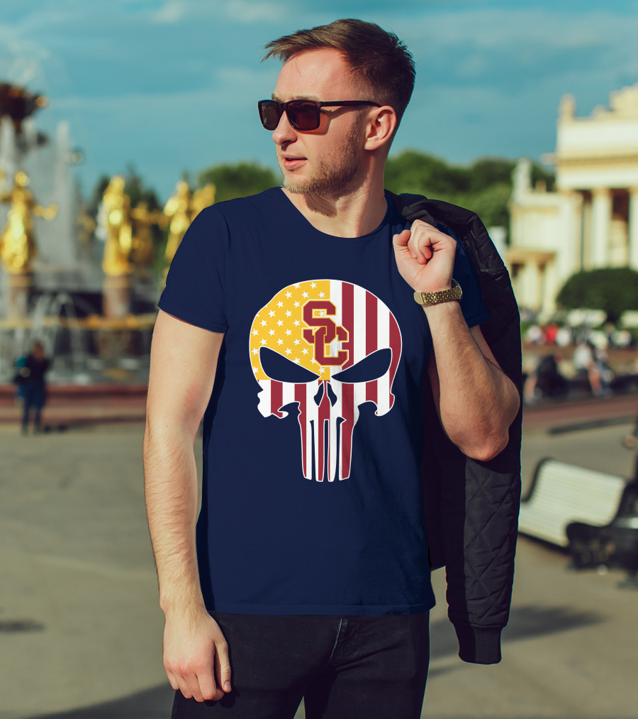 Usc Trojans Skull Punisher American Flag T-Shirt