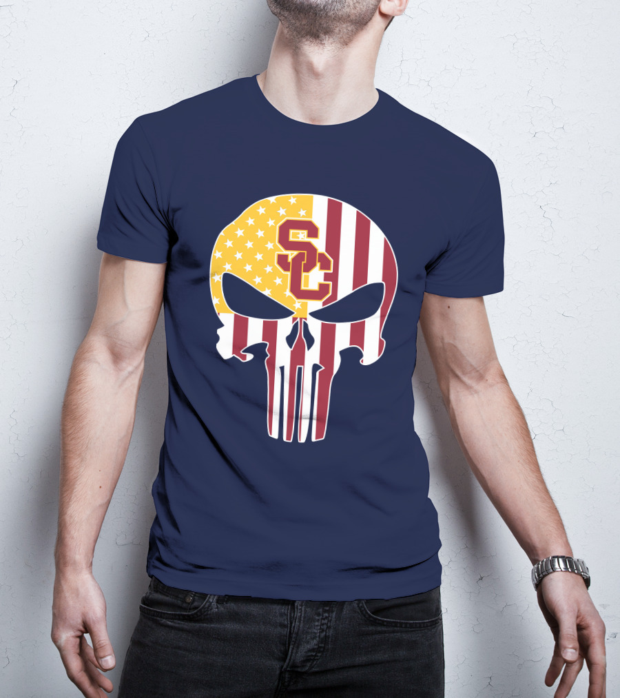 Usc Trojans Skull Punisher American Flag T-Shirt