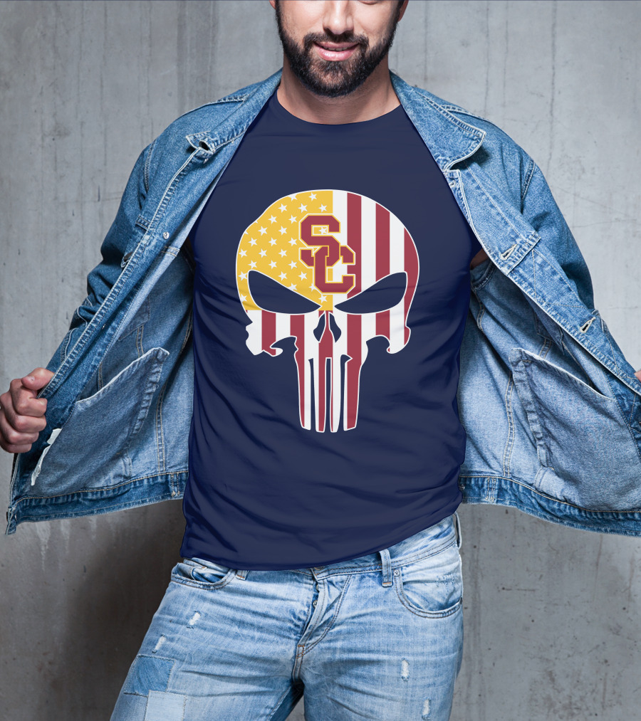 Usc Trojans Skull Punisher American Flag T-Shirt