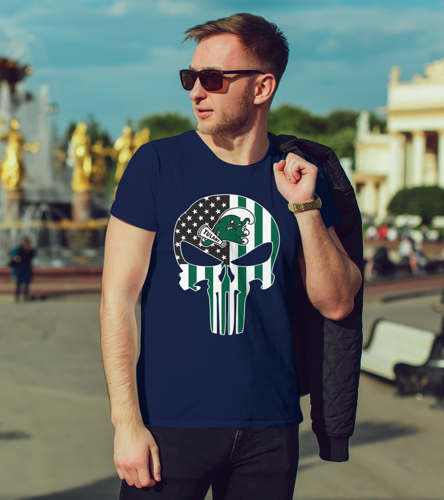 Tulane Green Wave 16 Punisher Flag Skull T-Shirt