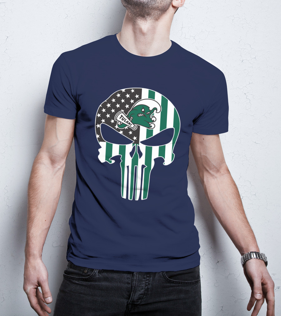 Tulane Green Wave 16 Punisher Flag Skull T-Shirt