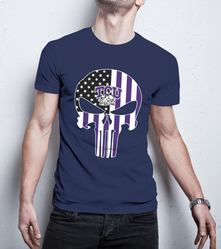 Tcu Horned Frogs Logo With American Flag Punisher Skull T-Shirt