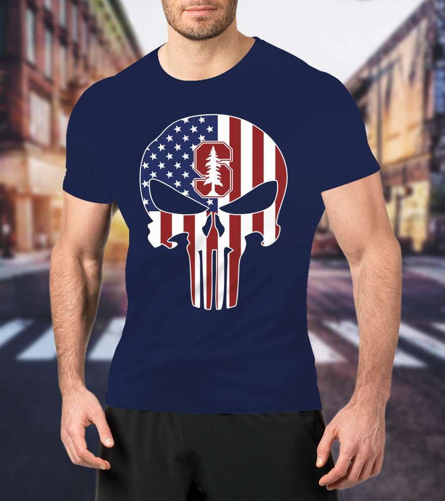 Stanford Cardinal Punisher Skull American Flag T-Shirt