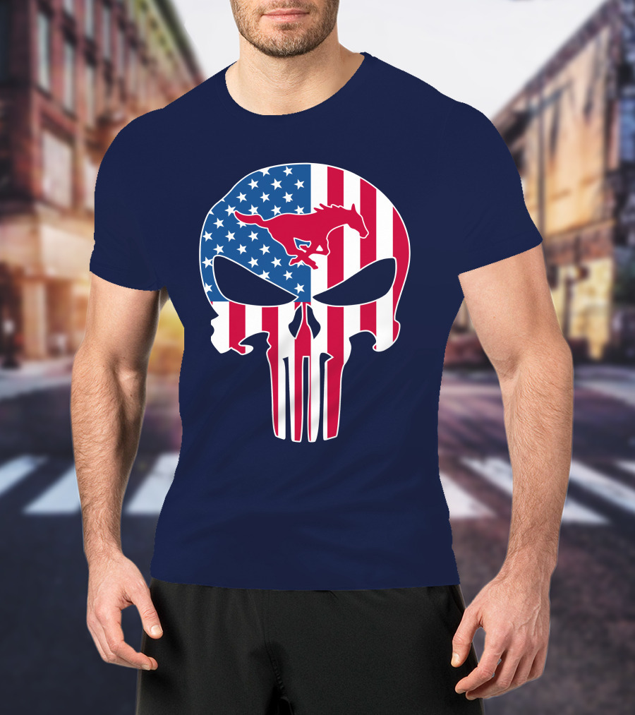 Smu Mustangs The Punisher American Flag Skull Iconic Symbol T-Shirt