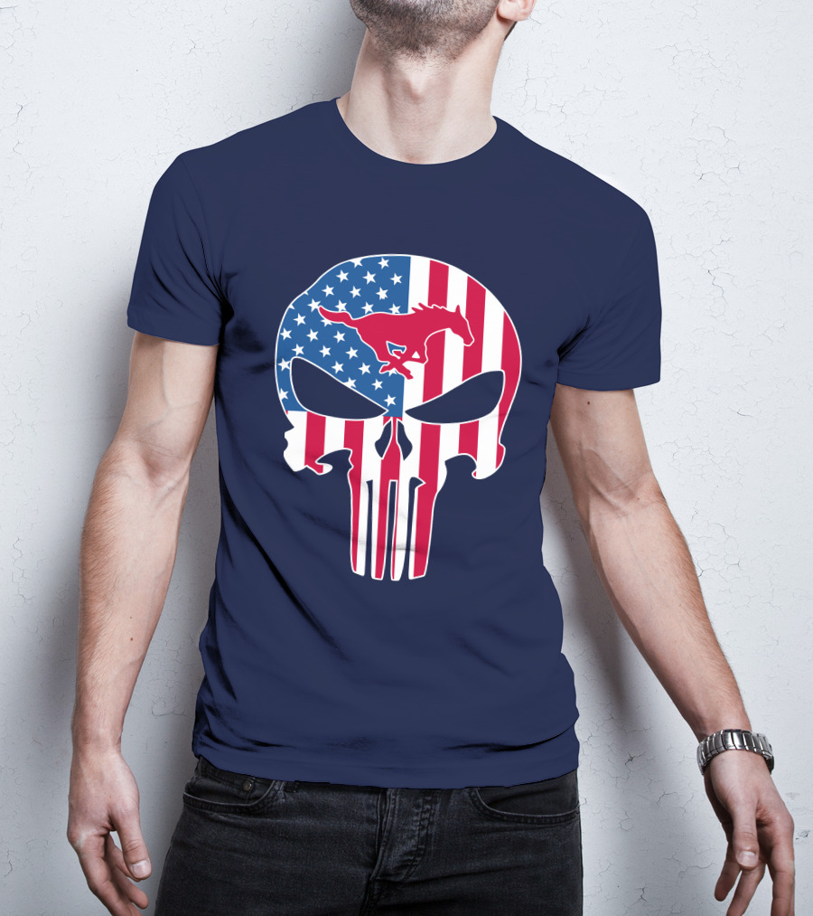 Smu Mustangs The Punisher American Flag Skull Iconic Symbol T-Shirt