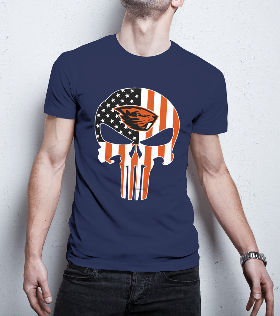 Oregon State Beavers American Flag Skull Logo Punisher 29 T-Shirt