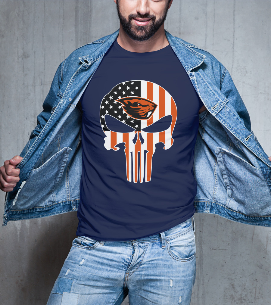 Oregon State Beavers American Flag Skull Logo Punisher 29 T-Shirt