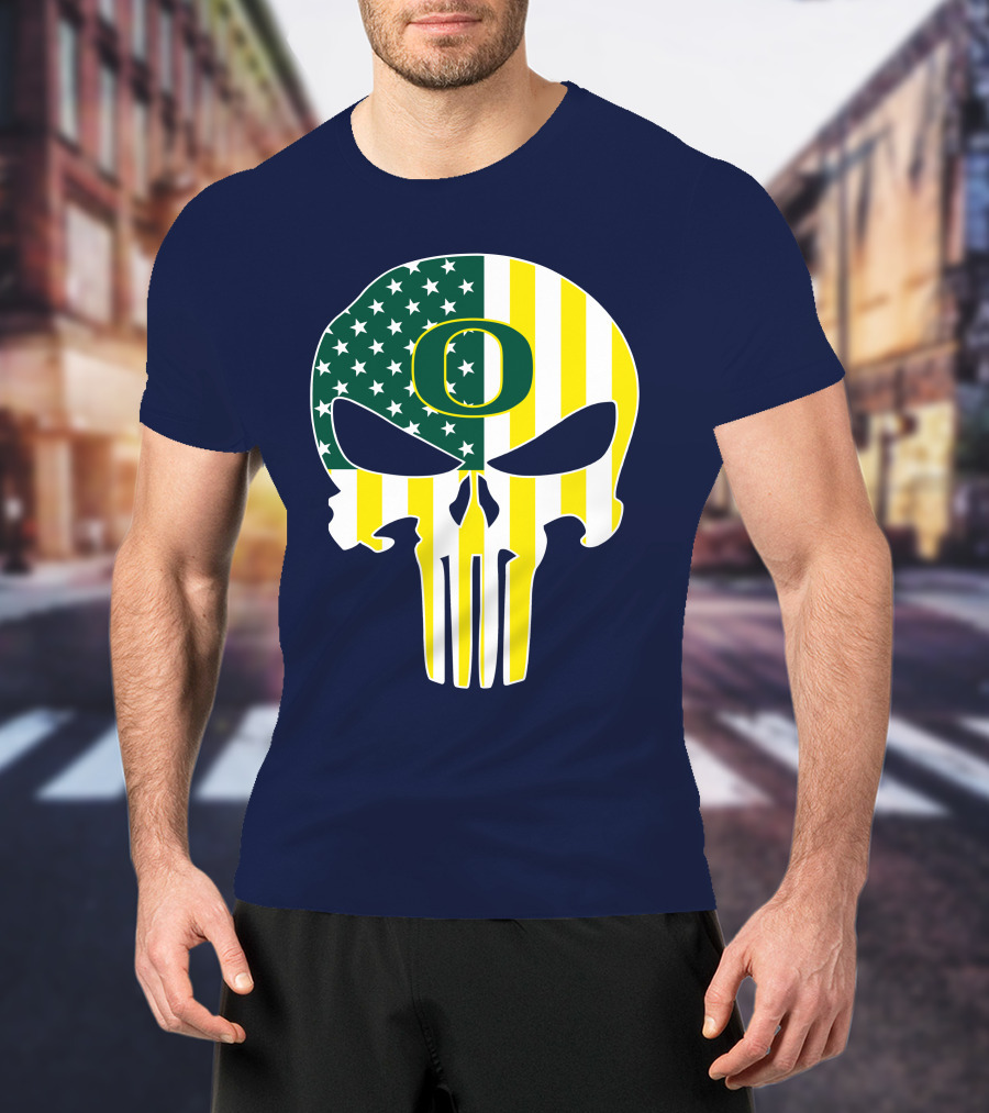 Oregon Ducks Punisher Skull American Flag T-Shirt