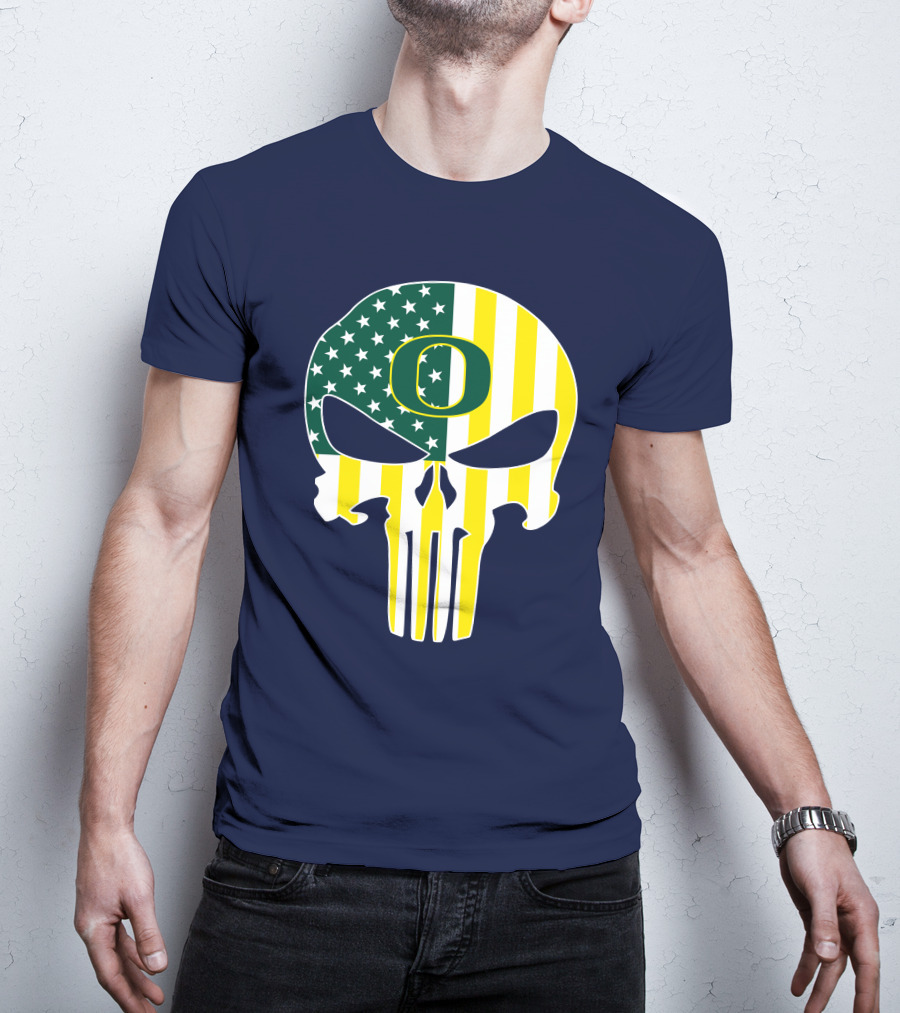 Oregon Ducks Punisher Skull American Flag T-Shirt