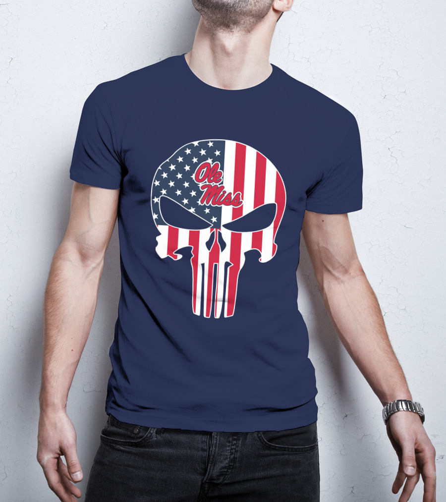 Ole Miss Rebels American Flag Punisher Skull T-Shirt