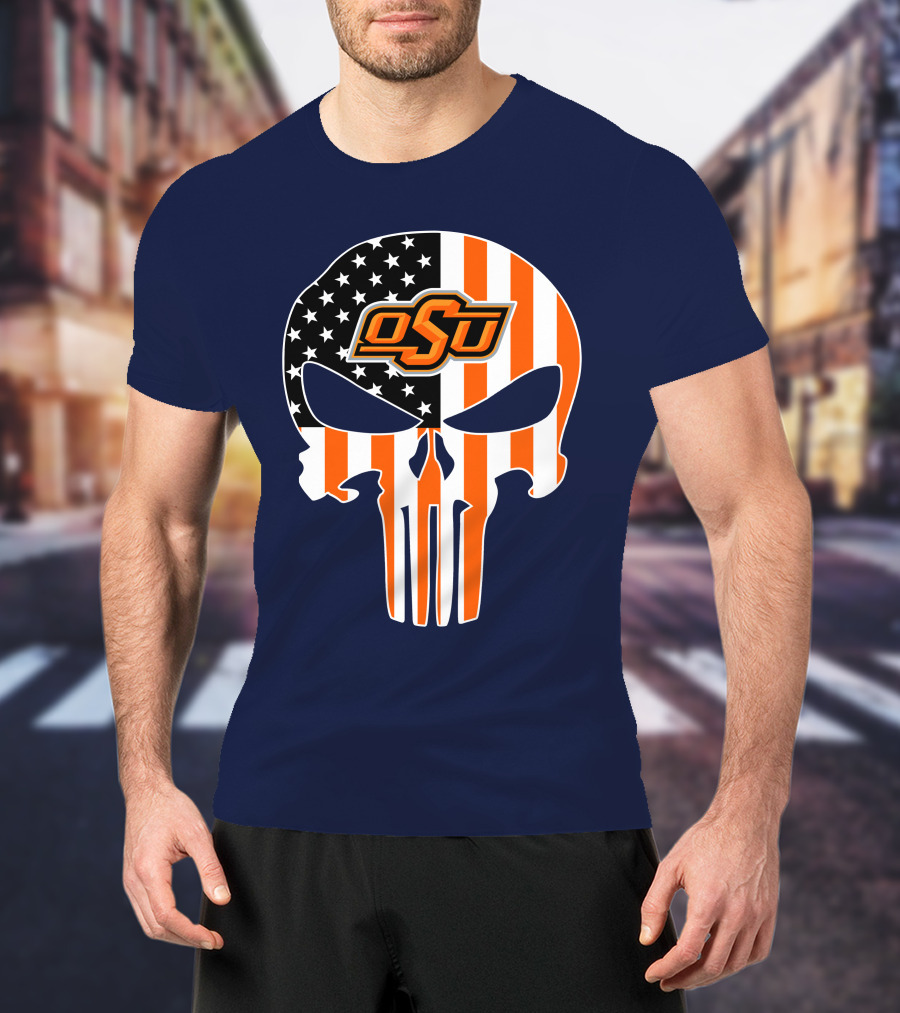 Oklahoma State Cowboys 32 Punisher Skull Osu American Flag T-Shirt