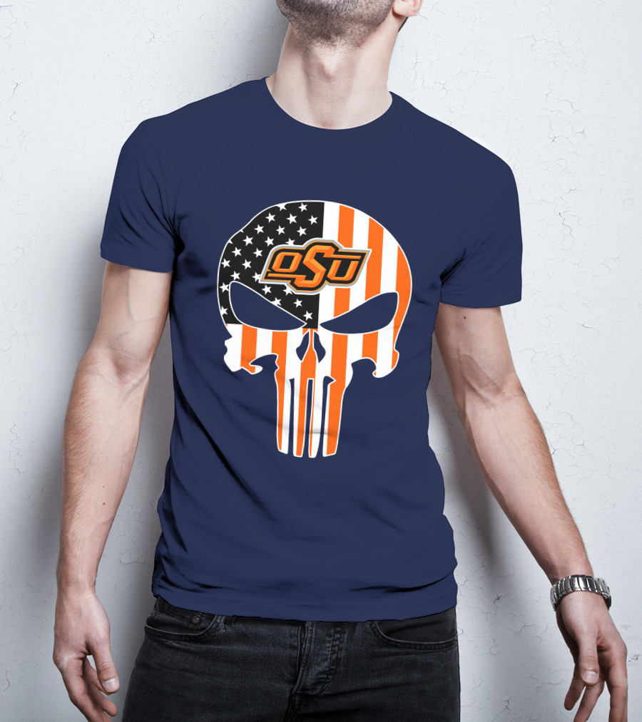 Oklahoma State Cowboys 32 Punisher Skull Osu American Flag T-Shirt