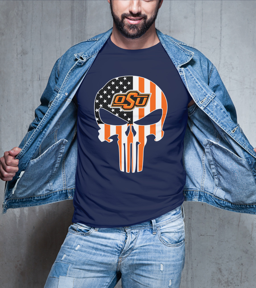 Oklahoma State Cowboys 32 Punisher Skull Osu American Flag T-Shirt
