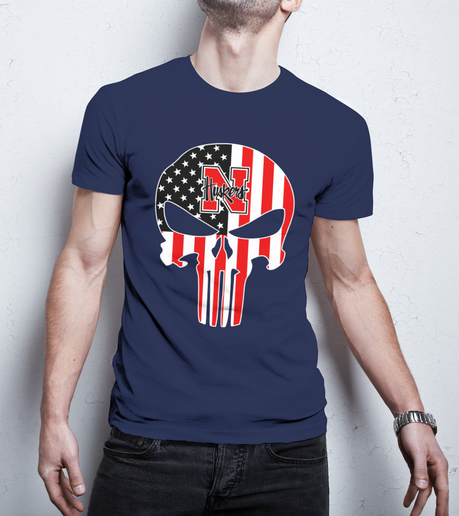 Nebraska Cornhuskers Punisher Skull American Flag T-Shirt