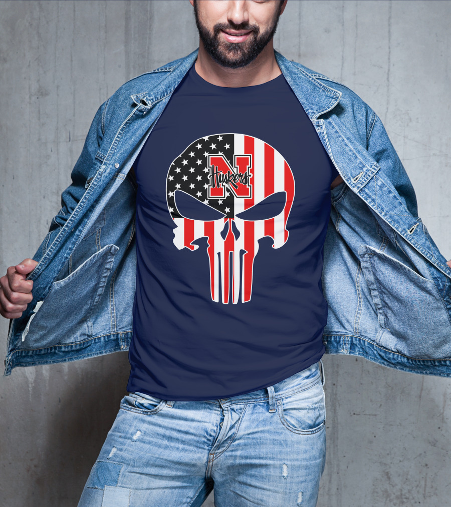 Nebraska Cornhuskers Punisher Skull American Flag T-Shirt