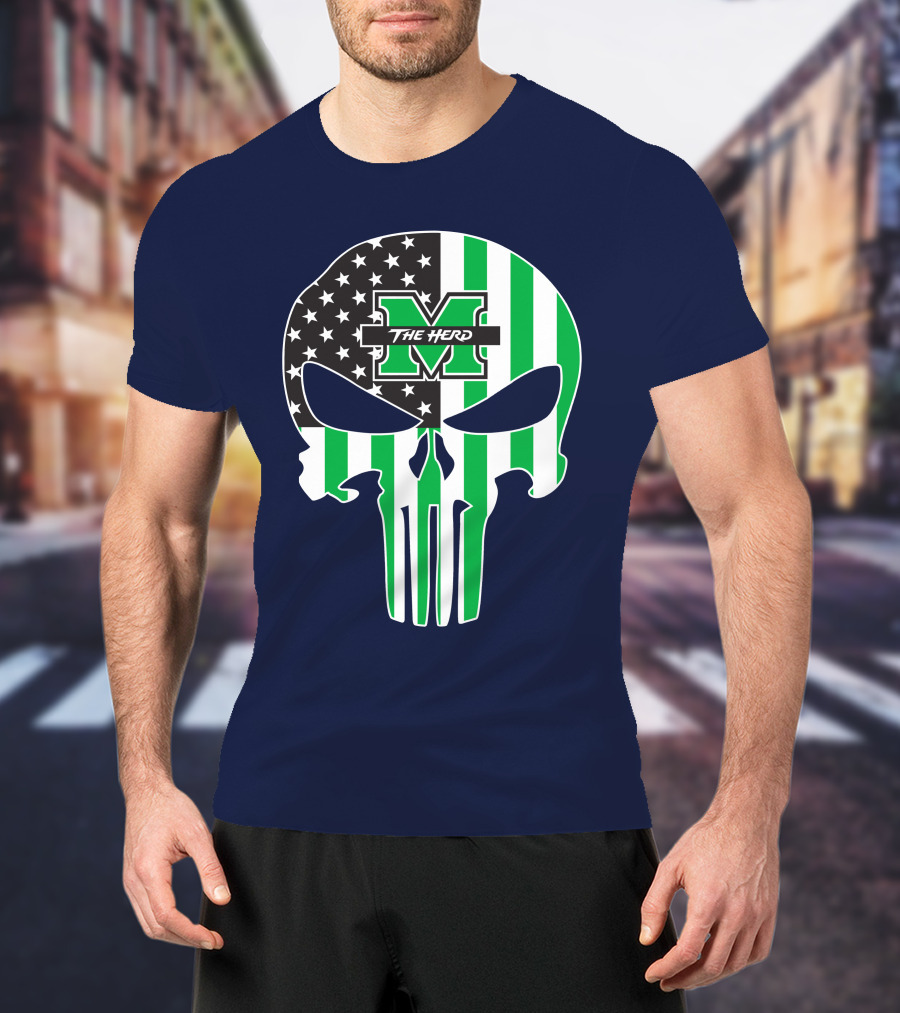 Marshall Thundering Herd The Punisher American Flag Skull T-Shirt