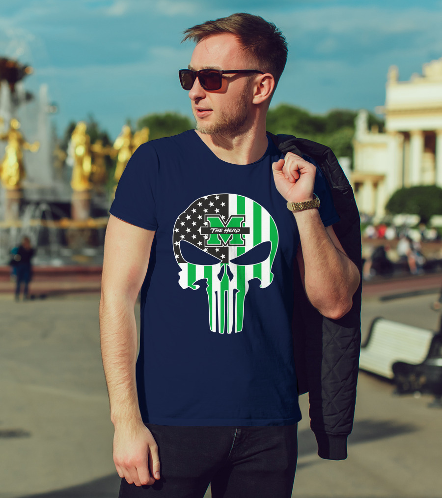 Marshall Thundering Herd The Punisher American Flag Skull T-Shirt
