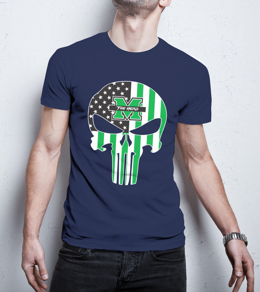 Marshall Thundering Herd The Punisher American Flag Skull T-Shirt
