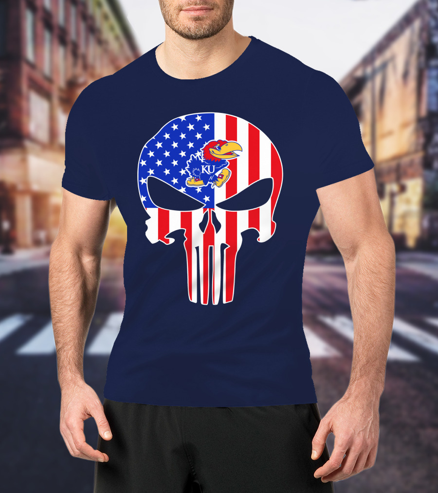 Kansas Jayhawks The Punisher American Flag Skull T-Shirt
