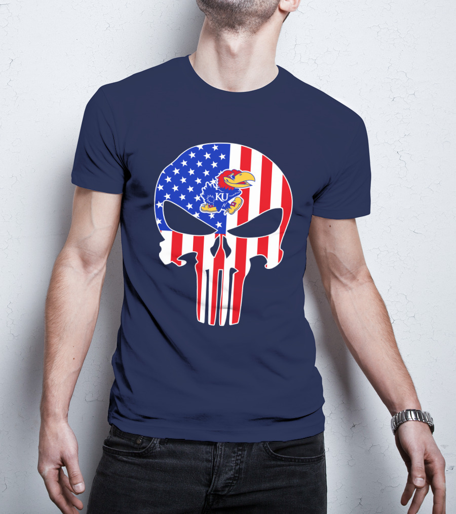 Kansas Jayhawks The Punisher American Flag Skull T-Shirt