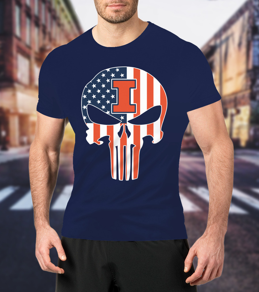 Illinois Fighting Illini Skull Punisher American Flag I T-Shirt