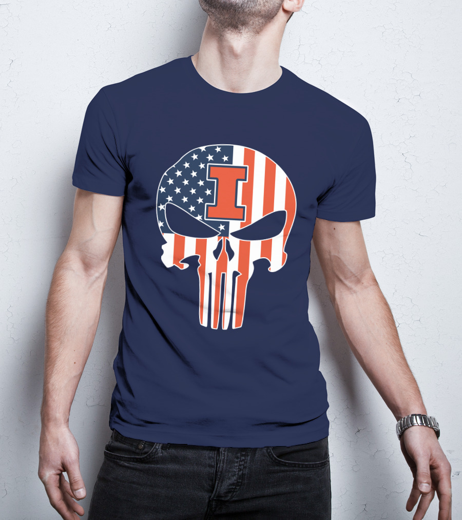 Illinois Fighting Illini Skull Punisher American Flag I T-Shirt