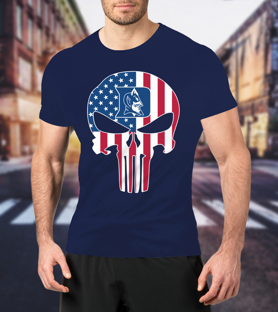 Duke Blue Devils The Punisher American Flag Skull T-Shirt