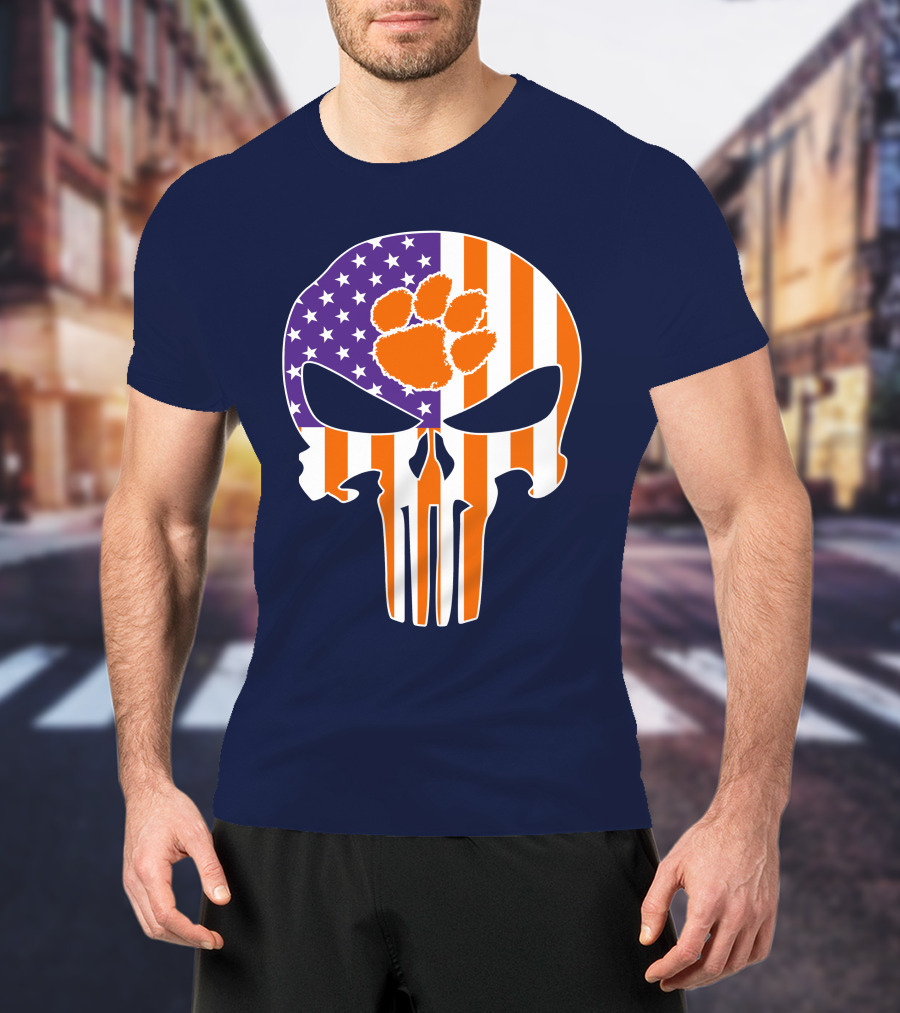 Clemson Tigers The Punisher American Flag Skull Paw T-Shirt