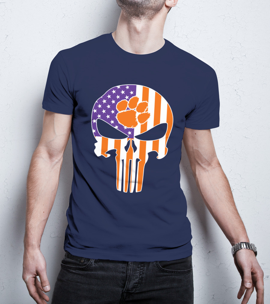 Clemson Tigers The Punisher American Flag Skull Paw T-Shirt