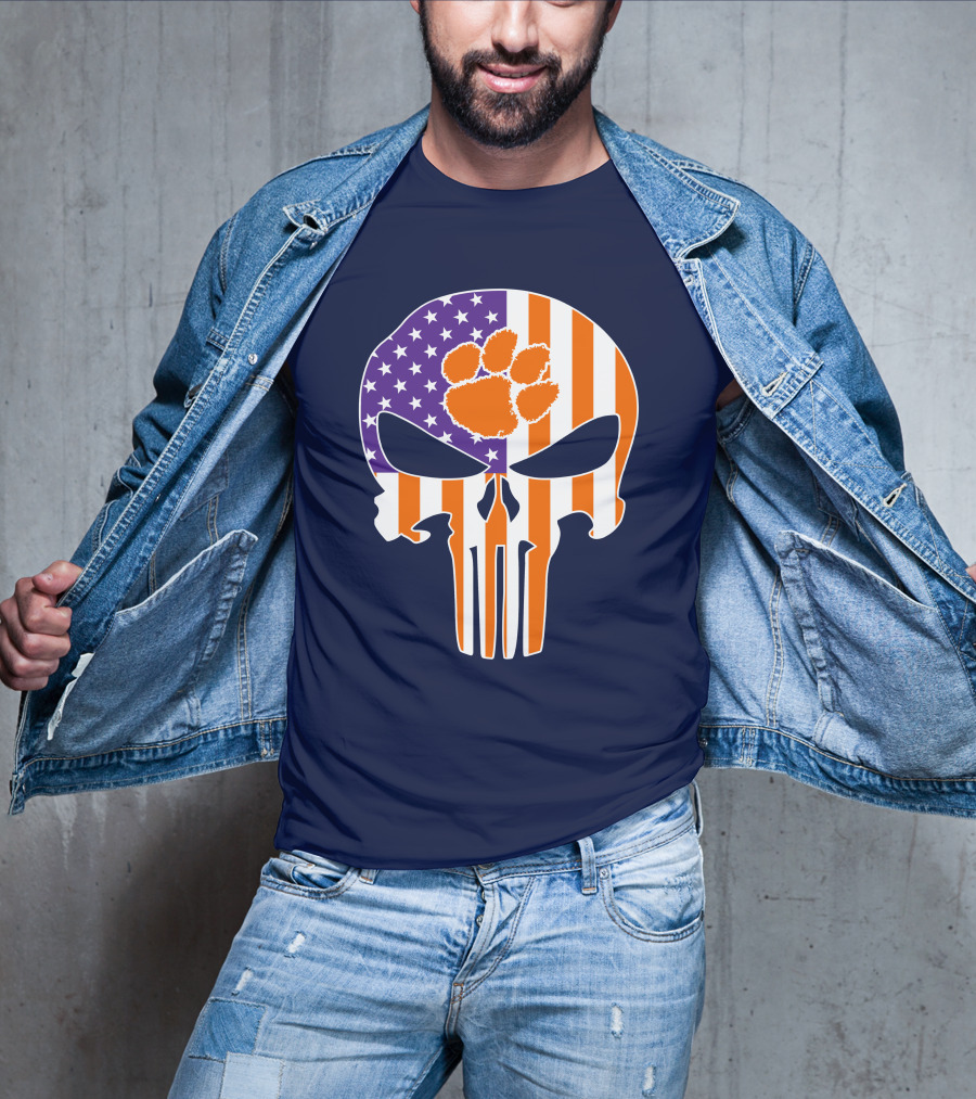 Clemson Tigers The Punisher American Flag Skull Paw T-Shirt