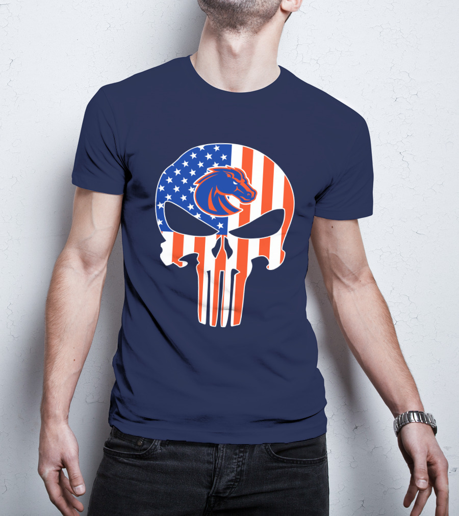 Boise State Broncos The Punisher American Flag Skull T-Shirt