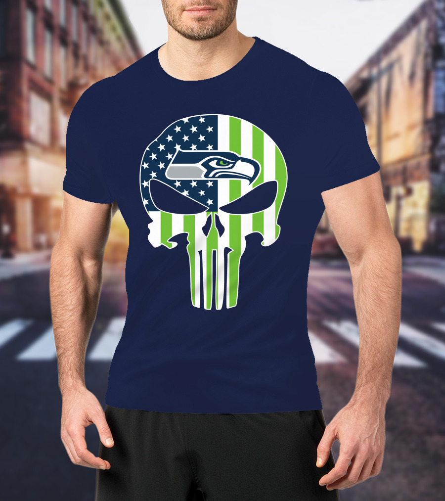 Seattle Seahawks The Punisher Skull American Flag T-Shirt