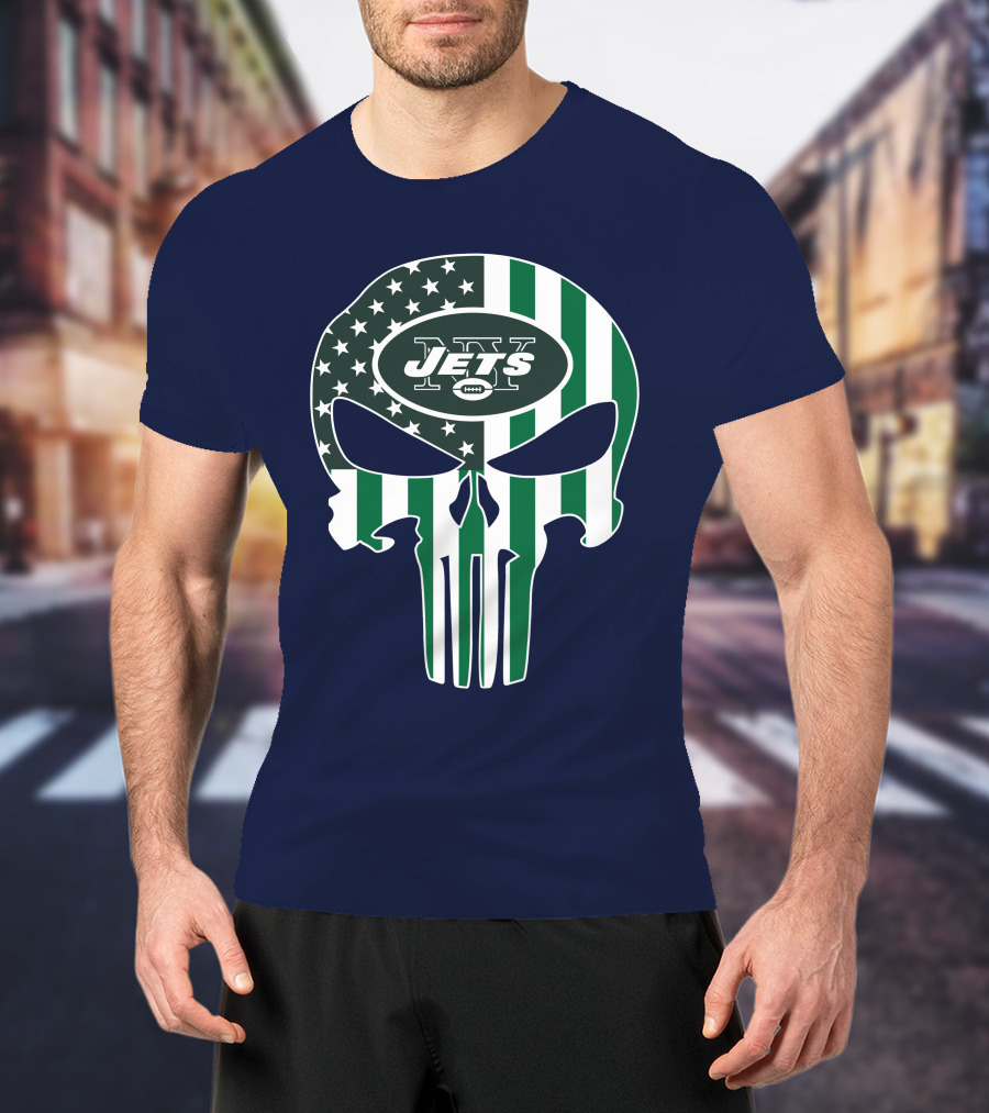 New York Jets Punisher Skull American Flag T-Shirt