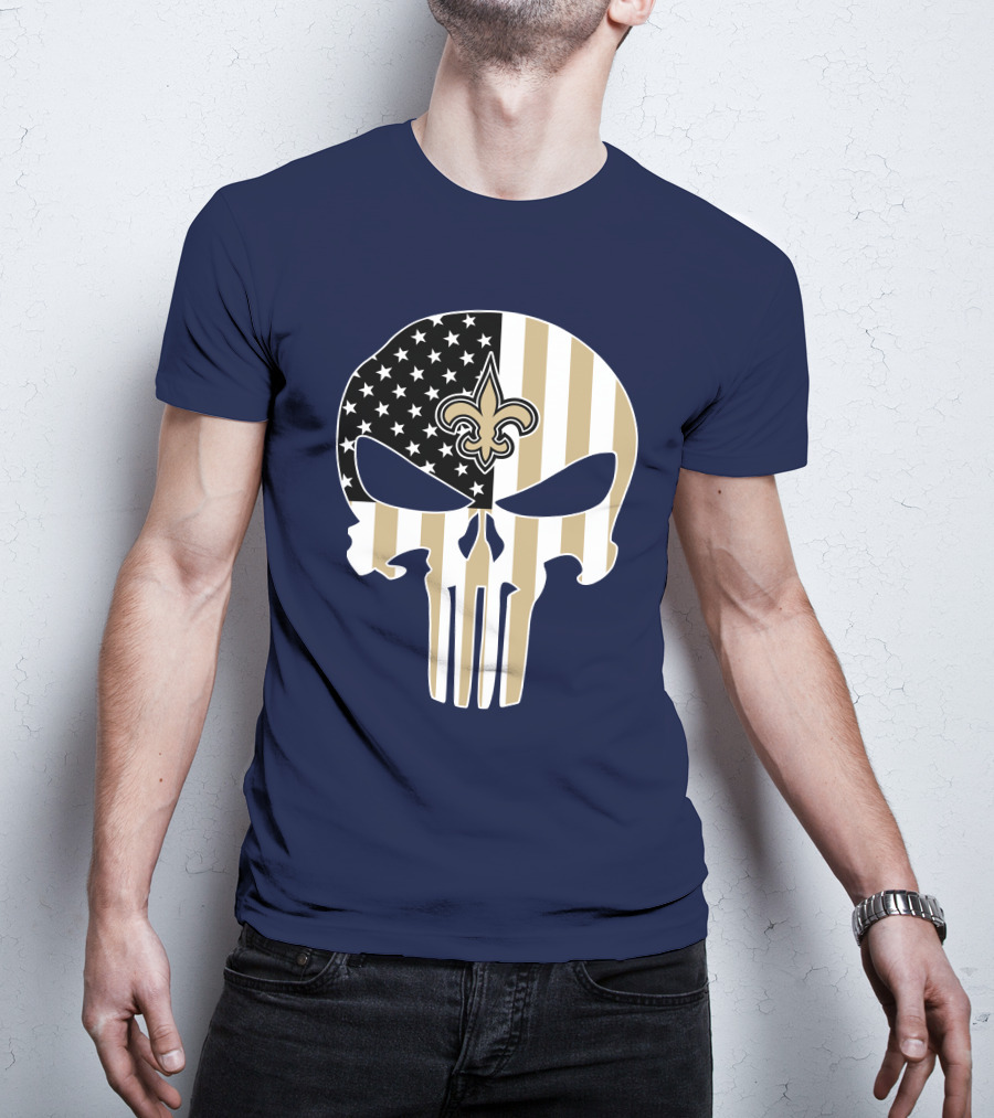 New Orleans Saints The Punisher American Flag Skull Fleur-De-Lis T-Shirt
