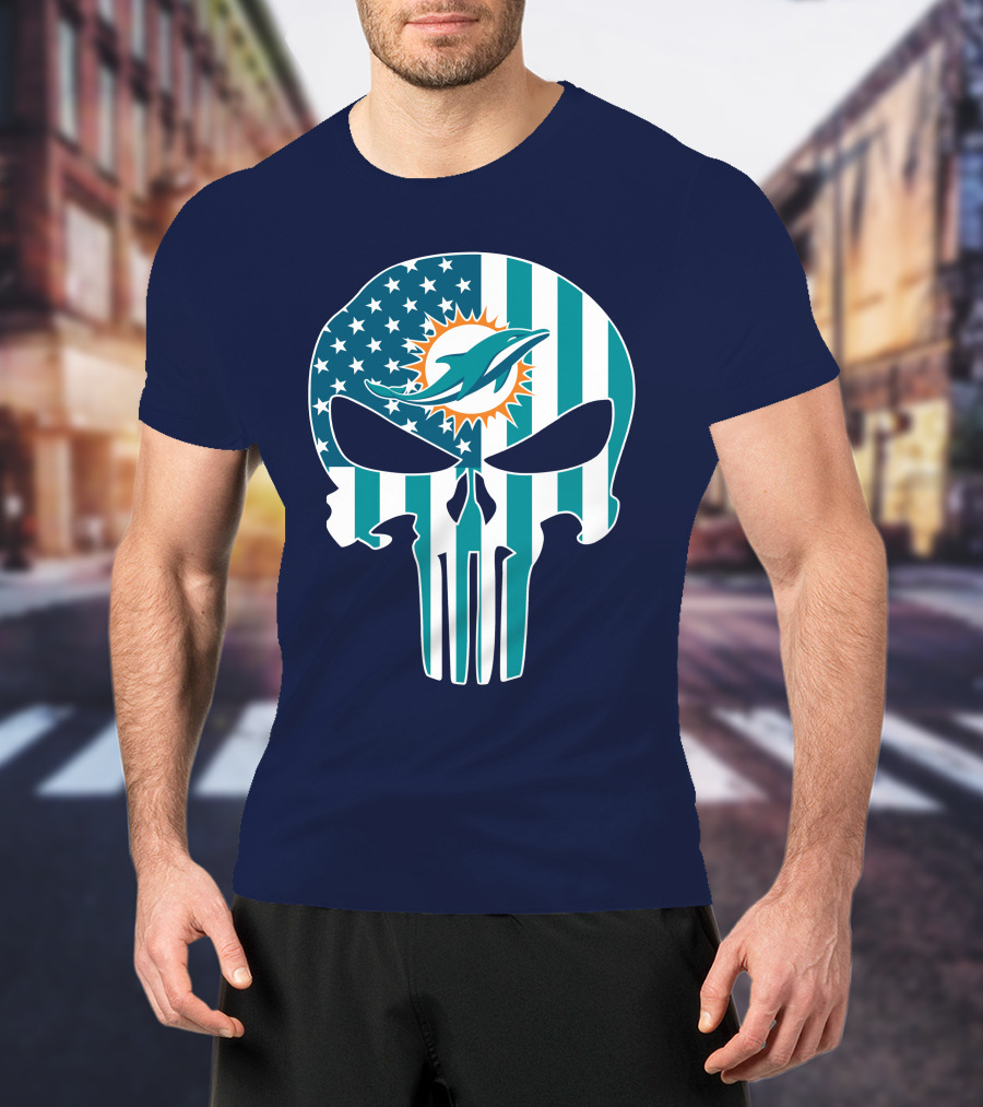 Miami Dolphins The Punisher American Flag Skulls T-Shirt