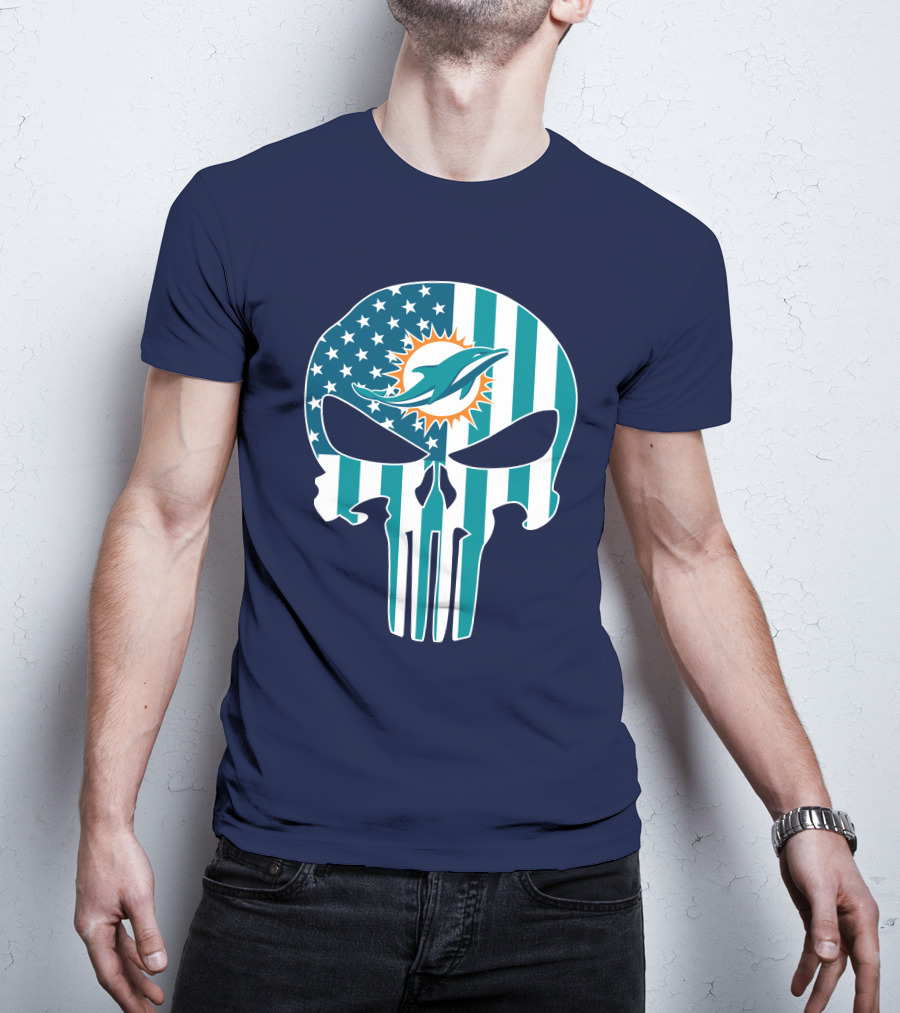 Miami Dolphins The Punisher American Flag Skulls T-Shirt