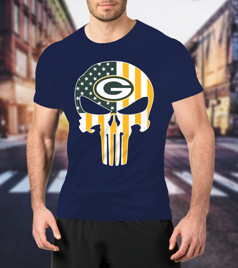 Green Bay Packers The Punisher American Flag Skull T-Shirt