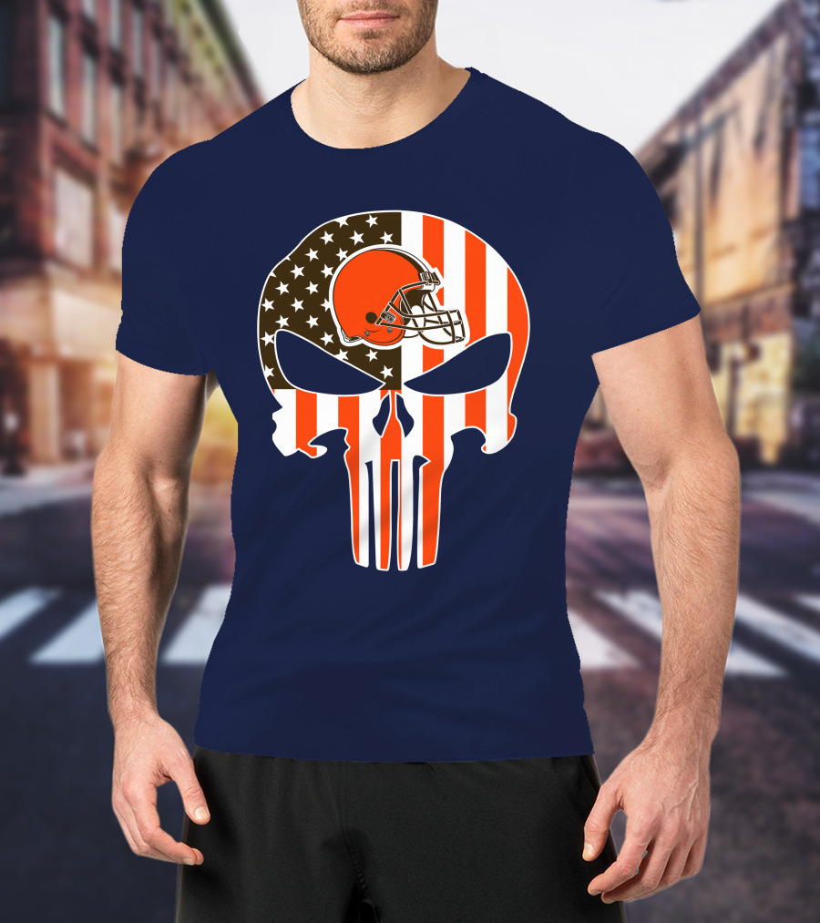 Cleveland Browns The Punisher American Flag Helmet Skull T-Shirt