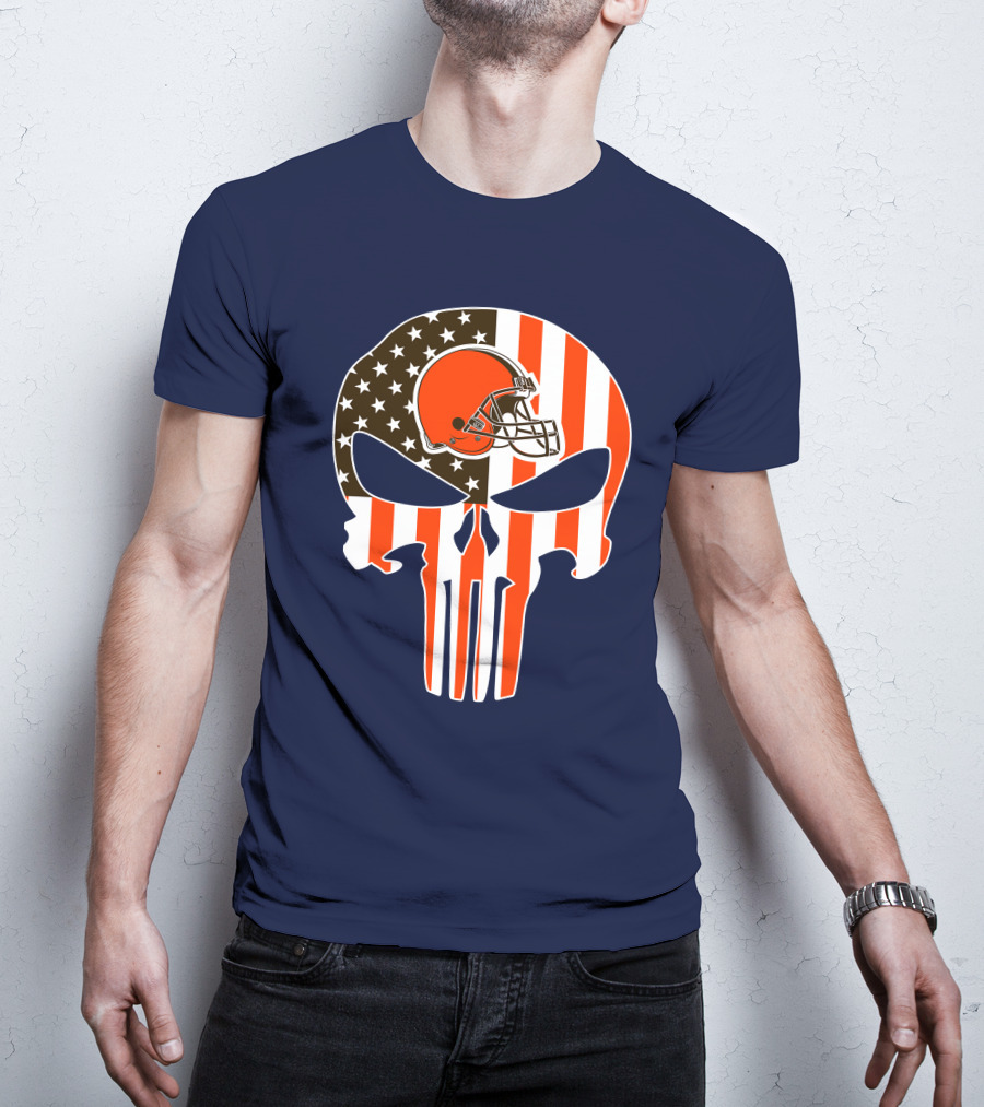 Cleveland Browns The Punisher American Flag Helmet Skull T-Shirt