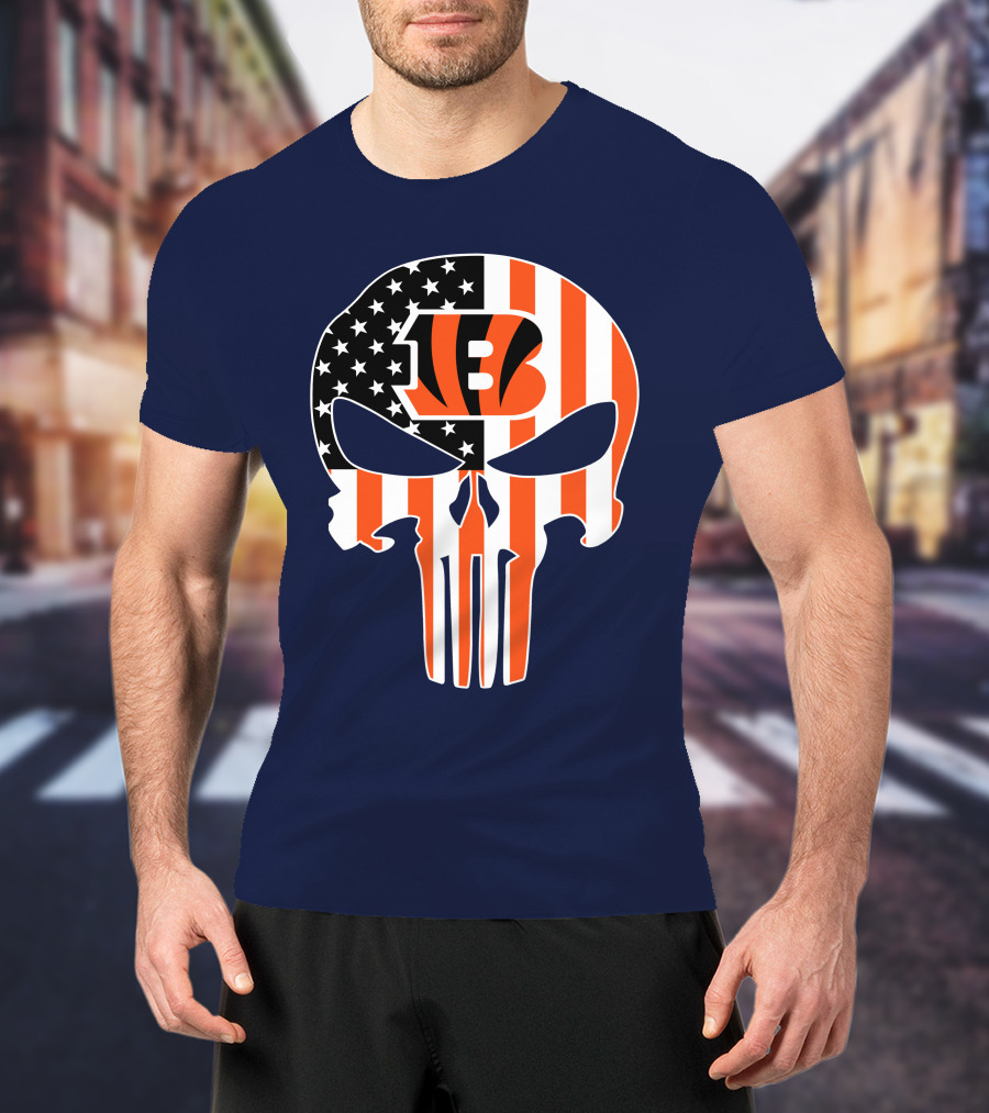 Cincinnati Bengals Skull Logo American Flag T-Shirt