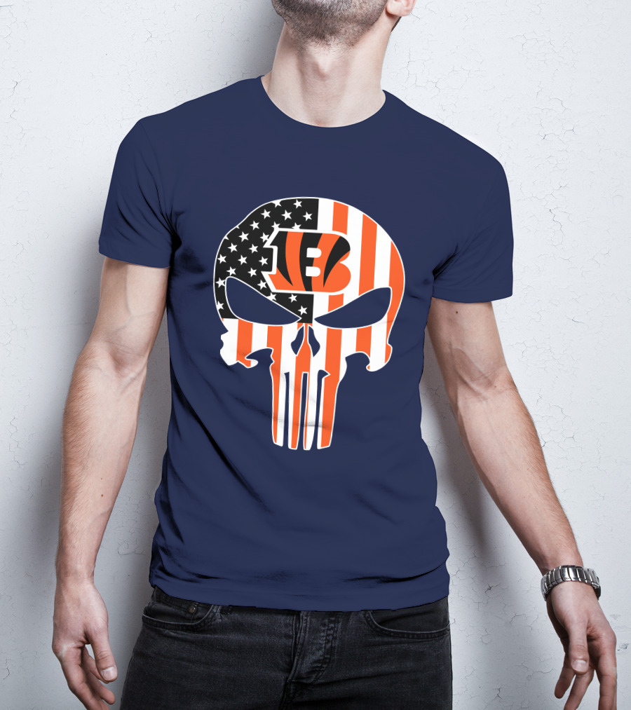 Cincinnati Bengals Skull Logo American Flag T-Shirt