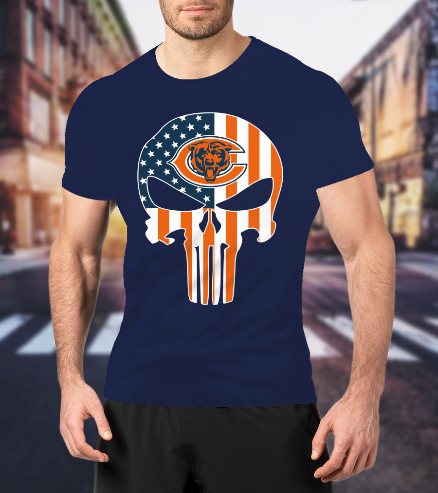 Chicago Bears The Punisher Skull American Flag T-Shirt