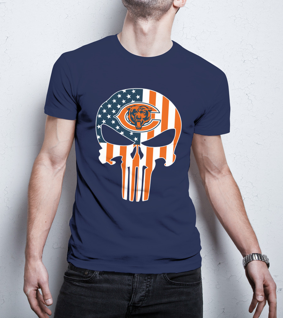 Chicago Bears The Punisher Skull American Flag T-Shirt