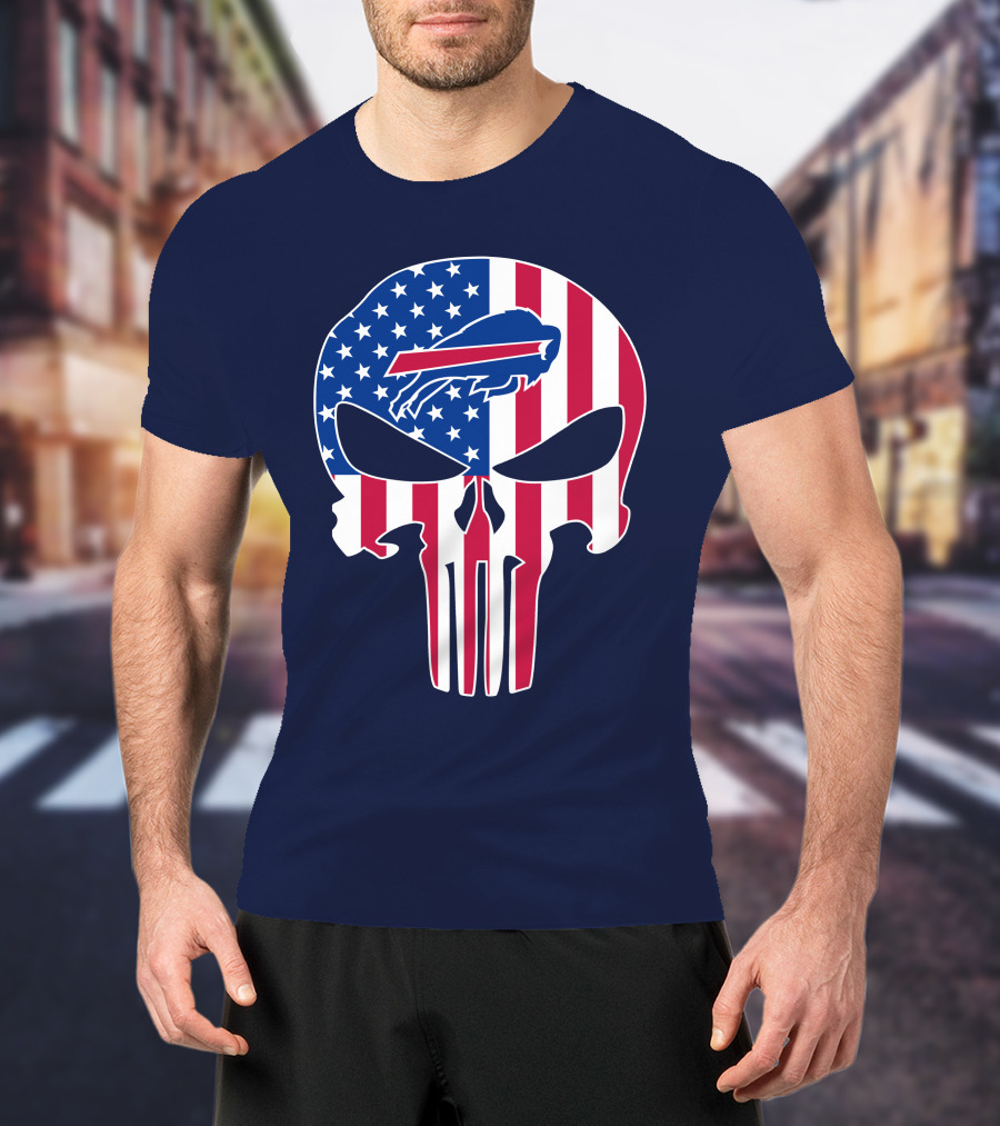 Buffalo Bills The Punisher Skull American Flag Logo Patriotic Sports Fan T-Shirt