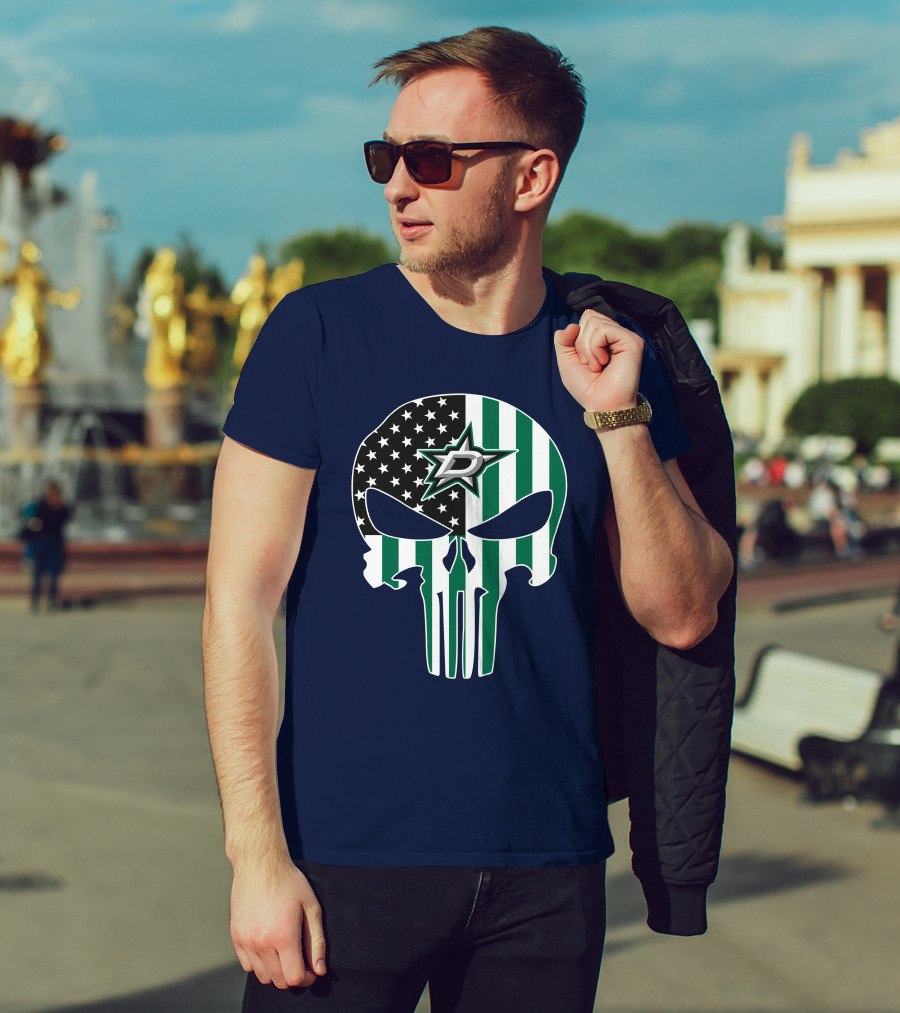 Dallas Stars Punisher Skull American Flag Stripe T-Shirt