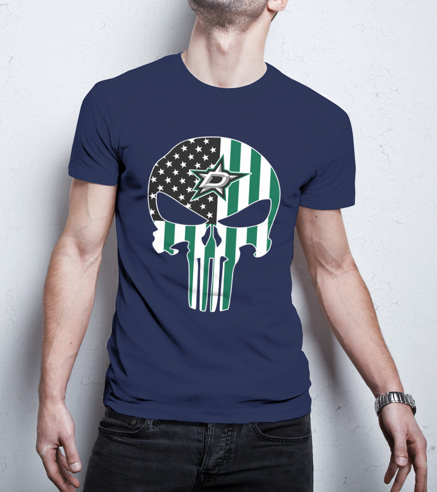 Dallas Stars Punisher Skull American Flag Stripe T-Shirt
