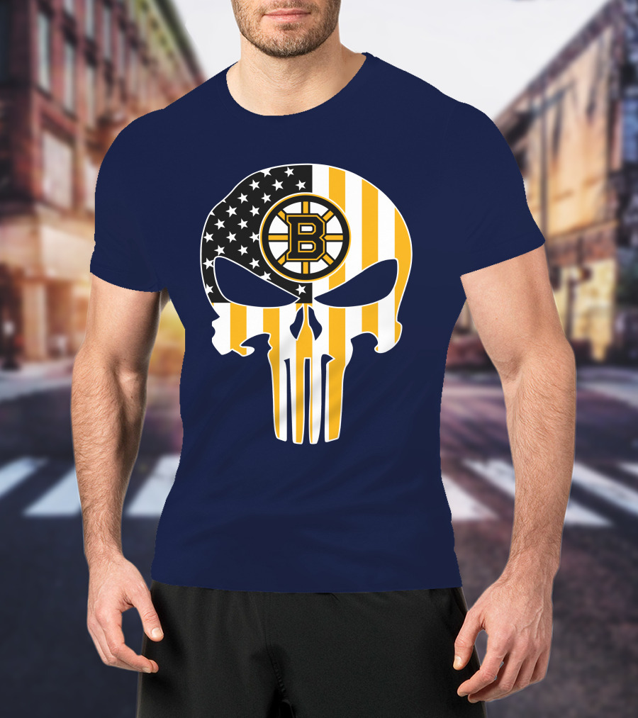 Boston Bruins The Punisher American Flag Skull T-Shirt