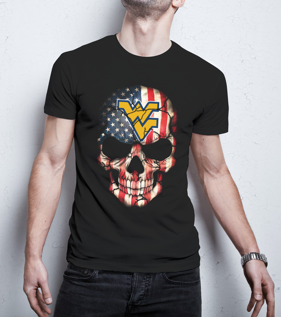 American Flag Skull With West Virginia Mountaineers T-Shirt