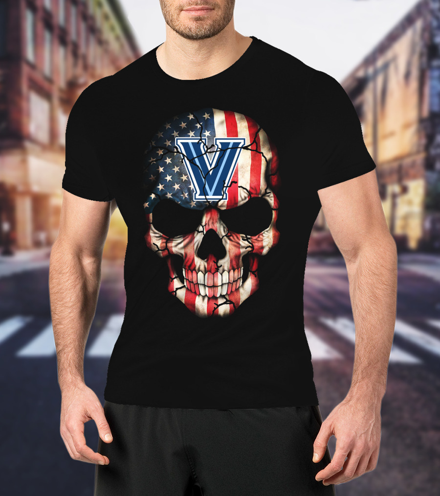 Usa Flag Skull Villanova Wildcats V T-Shirt