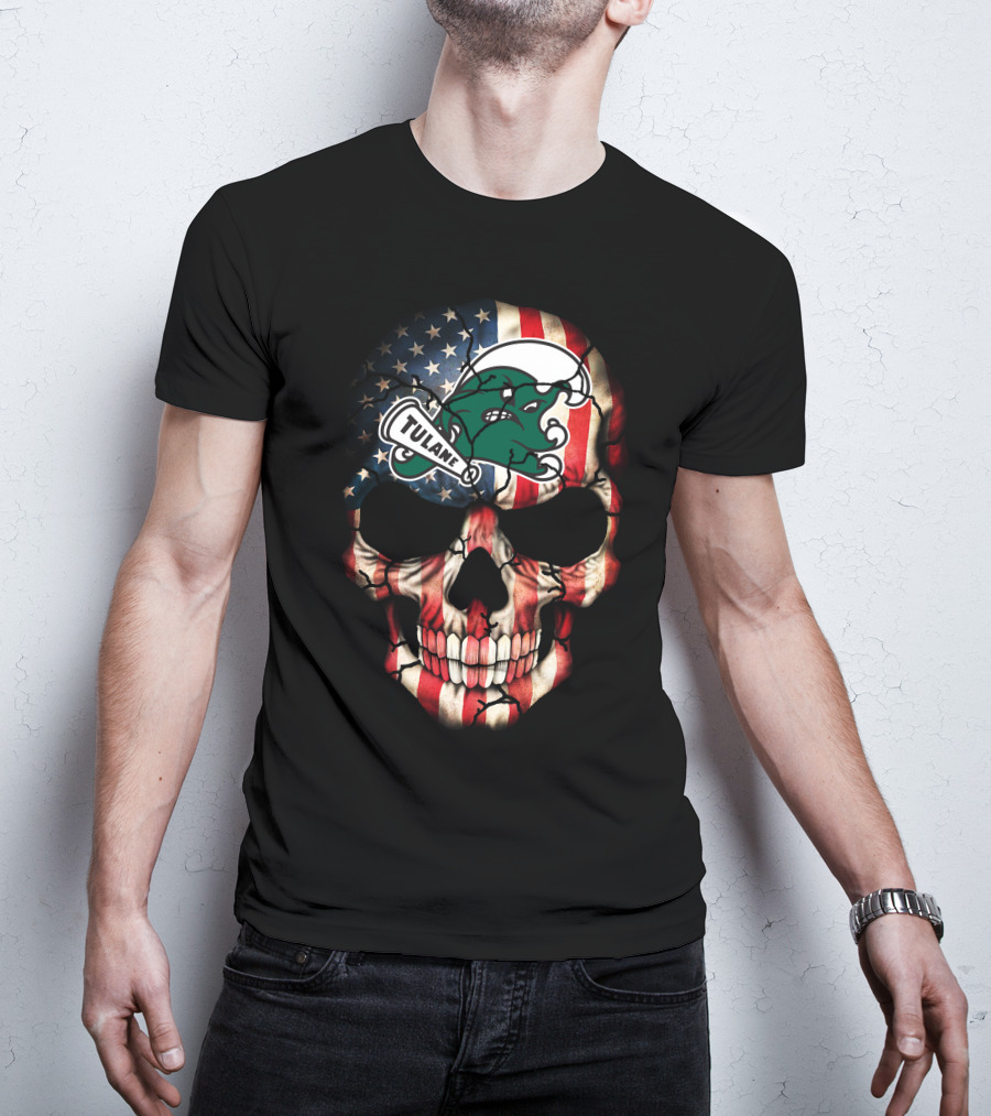 Patriotic Skull With Tulane Green Wave Logo On American Flag Style T-Shirt